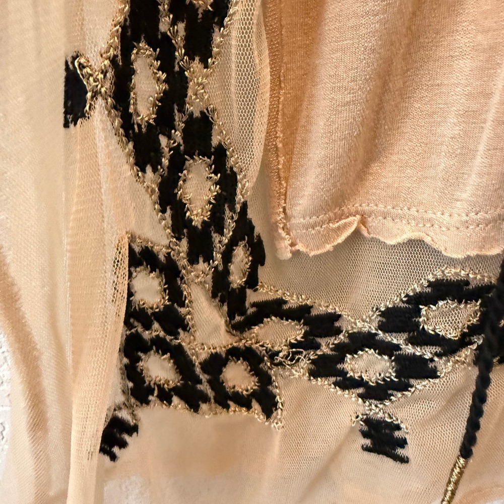 Free People Tunic Boho Embroidered Mesh Womens L Tan Black Tassel V-Neck Top - Picture 9 of 11